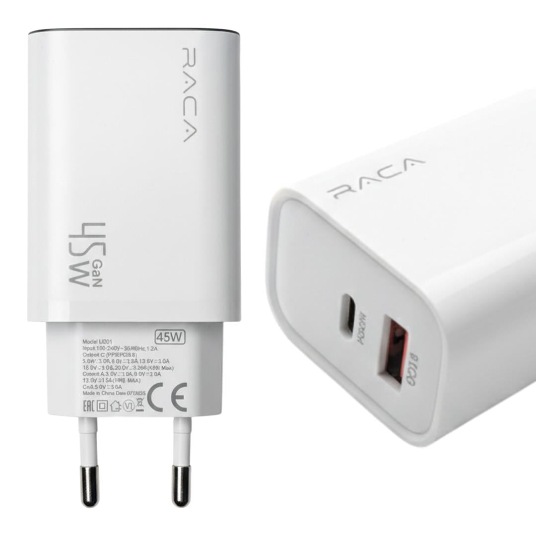RACA U201 GAN 45 WATT (TYPE-C PD + USB QC) HIZLI ŞARJ ADAPTÖRÜ - BEYAZ