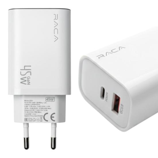 RACA U201 GAN 45 WATT (TYPE-C PD + USB QC) HIZLI ŞARJ ADAPTÖRÜ - BEYAZ